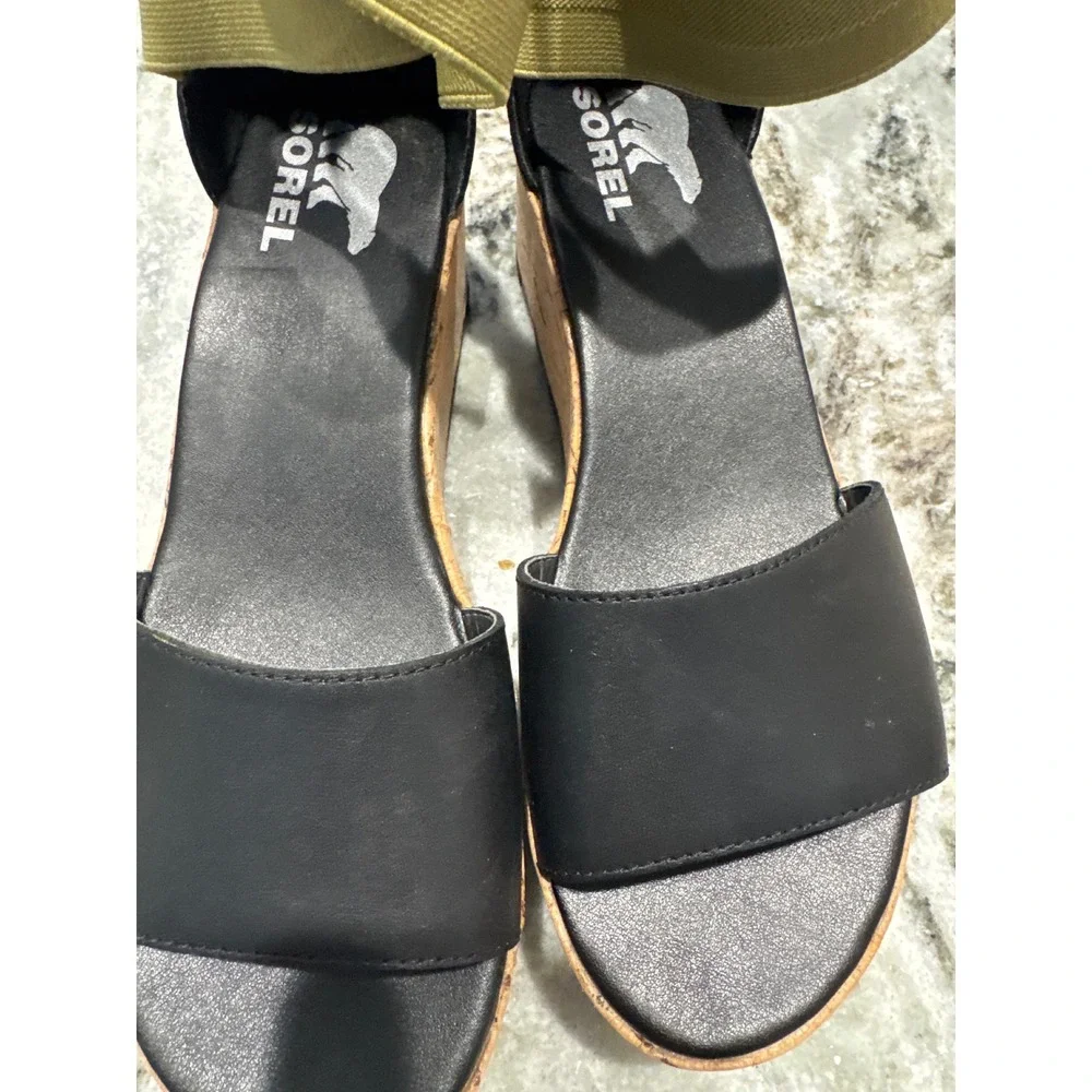 Sorel Cameron Flatform Ankle Strap Wedge‎ Sandals Leather Black Olive Size 8